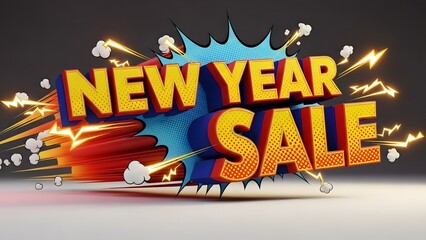 New Year Sale text with comic book explosion and lightning effects, dynamic.