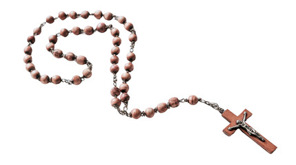 Wooden Catholic Rosary with Cross Isolated on White Background