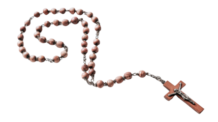 Wooden Catholic Rosary with Cross Isolated on White Background