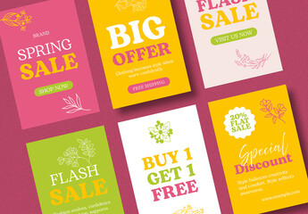 Colorful Spring Sale Social Media Story Template Set with Promotional Offers and Floral Design Elements