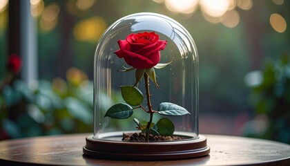 A red rose closed under a glass dome. Symbol of love. Generative AI. flora