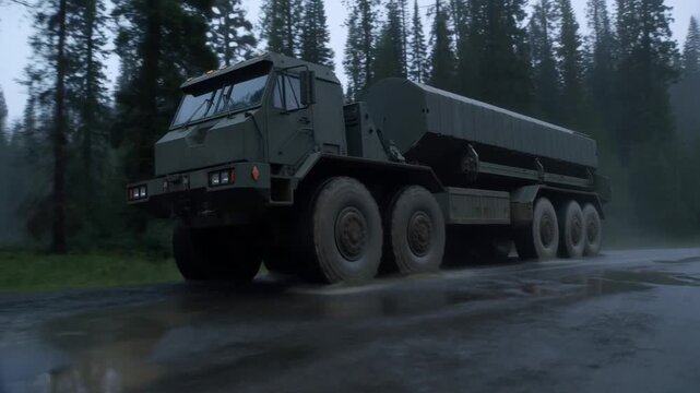 Massive Military Truck in a Forest Road Rain