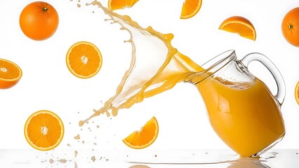 Fresh Orange Juice Pouring from Glass Jug.
