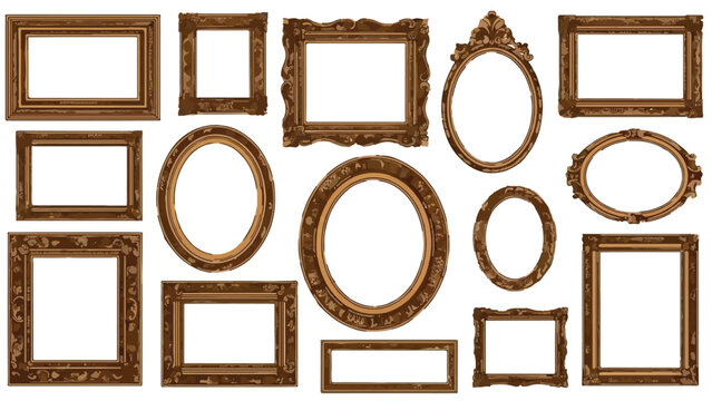 Collection of Ornate Antique Wooden Picture Frames with Vintage Carved Details isolated PNG with Transparent Background