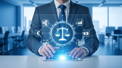 Businessman interacting with digital law and justice interface in modern office