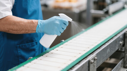 Worker using a sanitizing spray to clean a conveyor belt in a food manufacturing facility