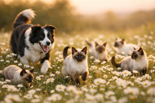 AI generated image of Border Collie herding playful Siamese cats in a field of daisies during golden hour. The scene captures lively motion and soft warm lighting, with a dreamy, peaceful atmosphere.
