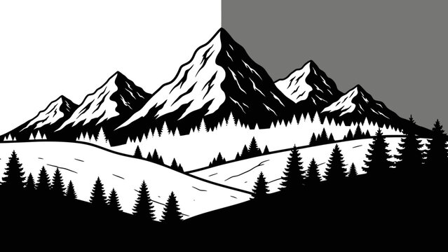 Monochromatic Majestic Mountain Range with Pine Forest in Dramatic Half-Light and Shadow