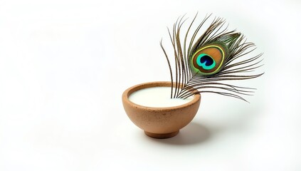 A single peacock feather elegantly placed in a clay bowl filled with a creamy white liquid, against a clean white background