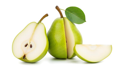 Pears isolated One and a half green pear fruit with leaf on white background Pear slice With clippin