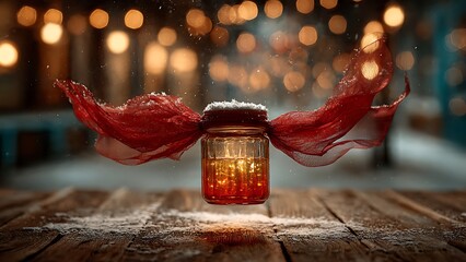 Festive winter honey jar with red ribbon on rustic wood, perfect for holiday promotions, artisanal food blogs, or warm winter wishes, cozy and inviting