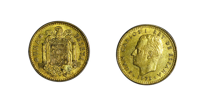 Spanish peseta coin isolated on white background, showing obverse and reverse sides of vintage Spain currency
