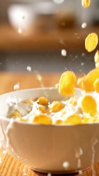 Pouring Cornflakes into Milk Bowl