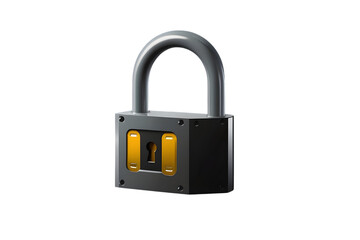 A sturdy grey padlock with a golden keyhole mechanism symbolizing security and protection isolated on transparent background