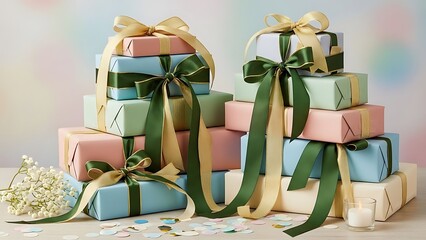Colorful Gift Boxes with Ribbons and Bows.
