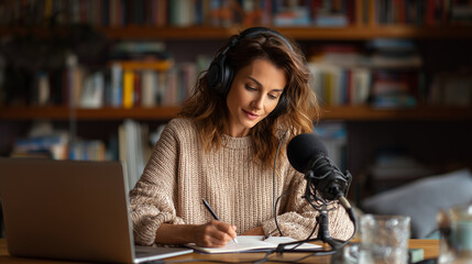 female podcaster recording audio, woman podcasting at home studio, creative audio content creator
