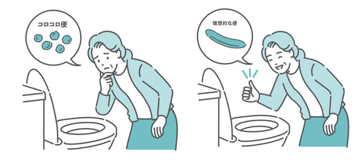 便の状態比較イラスト（高齢女性・コロコロ便NG vs 理想的な便OK・便秘改善）