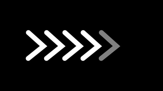 Five white chevron arrows pointing right in a row on a black background, representing fast forward or next step concept