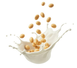 soybeans splashing into milk, isolated on white background.