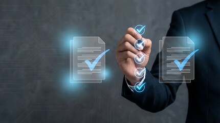 Business professional selecting digital approval checkmarks for corporate compliance and workflow management