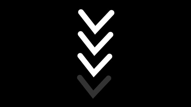 Three downward pointing chevron arrows, one lighter than the others, stacked vertically on a black background, symbolizing download or scroll down action