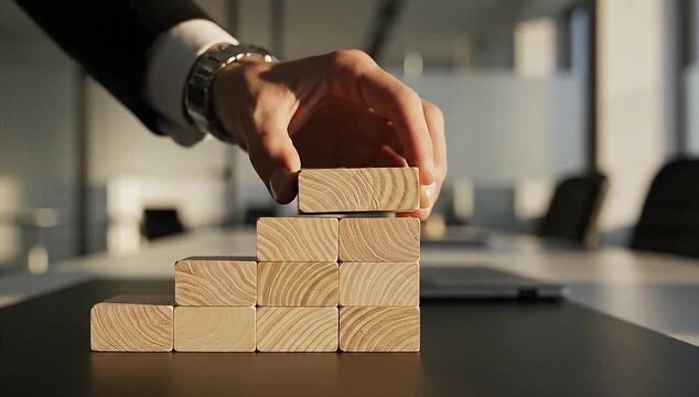 Businessman building wooden block tower in modern office