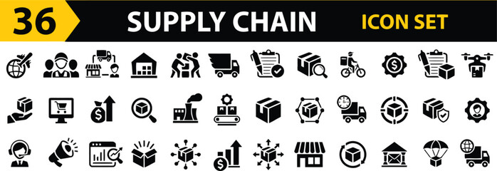 Supply Chain Icon Set Collection of Thirty Six Flat Icons Depicting Process and Logistics Stages for E Commerce Business