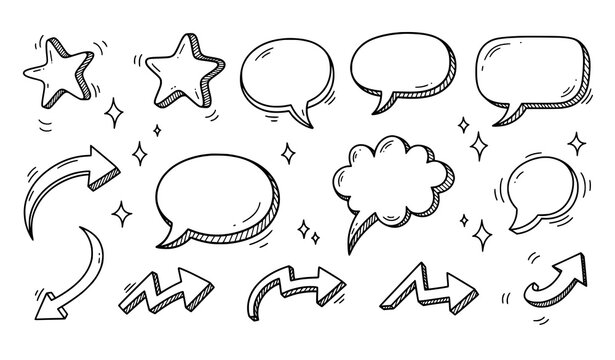 Fun doodle arrows speech bubbles and star shapes vector illustration