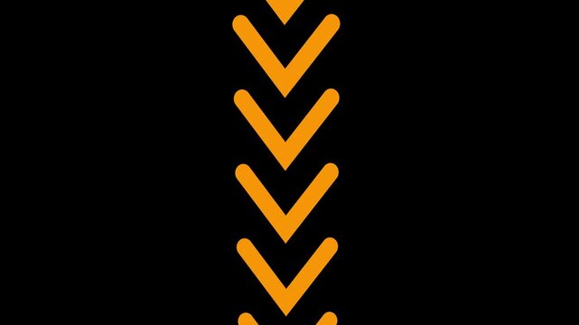 Vertical stack of four orange chevron arrows pointing downwards on a solid black background, graphic design element