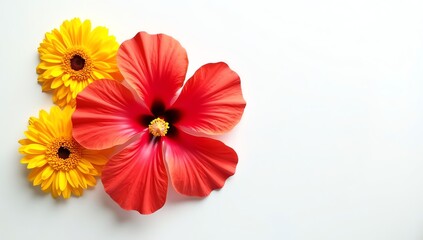 Close-up of a bright red hibiscus flower with two yellow gerbera daisies on a clean white background, showcasing natural beauty