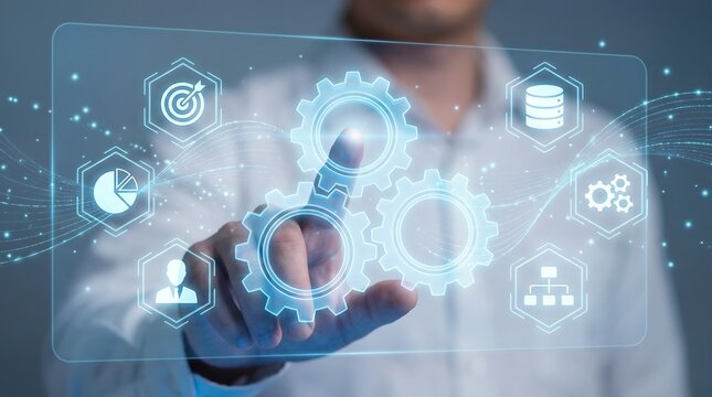 Business professional interacting with futuristic digital gears and blockchain technology interface and tech icons, symbolizing innovation and industry solutions. - Powered by Adobe