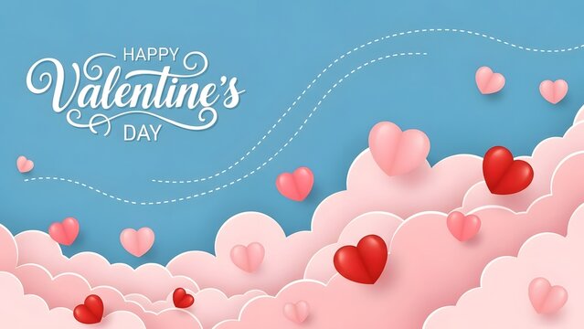 Happy valentines day celebration background with hearts and clouds in the sky - Powered by Adobe