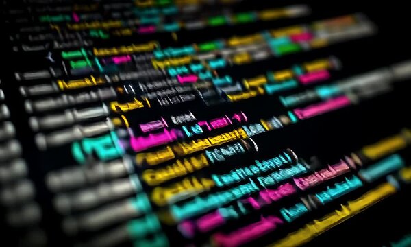 Abstract digital code displayed on a dark screen with vibrant color syntax highlighting and a shallow depth of field effect