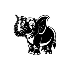 Fototapeta premium A happy black and white cartoon baby elephant with its trunk raised, smiling cheerfully.