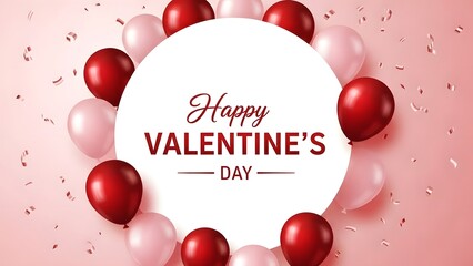 Valentines day celebration with red and pink balloons and confetti on pink background