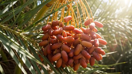 Fresh Dates Hanging from Palm Tree.
