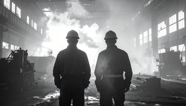Two Workers in a Smelting Factory - A Black and White Industrial Scene. - Powered by Adobe