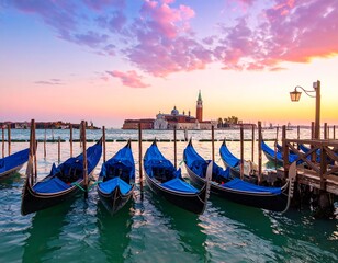 Fototapeta premium Venetian Gondolas Docked at Sunset - A Picturesque Scene of Italys Canals.