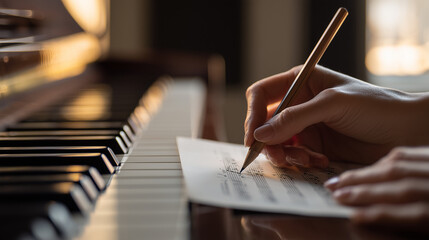 composer writing music at piano, hand writing sheet music, classical music composition
