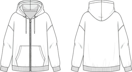 Technical flat sketch of hooded zip-up sweatshirt front and back view with split kangaroo pocket, drawstring hood, vector illustration