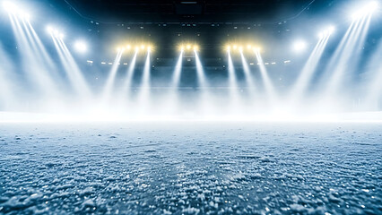 Ice hockey rink or winter sport arena with bright spotlights and frosty ice surface, ready for competition.