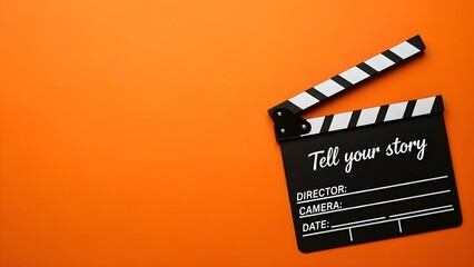 Naklejka premium A black clapperboard with white text on an orange background, placed at an angle with a white border at the bottom.