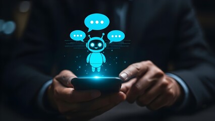 Close-up of a person holding a smartphone with a glowing blue chatbot interface floating above the screen in a dark setting.