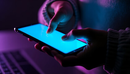 Person Using Smartphone with Blue Screen in Dimly Lit Room