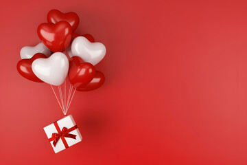 Red and white heart shaped balloons with a gift box on red background