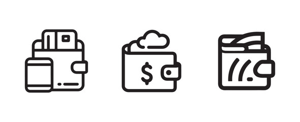 Set of Wallet Icons with Cash and Credit Cards