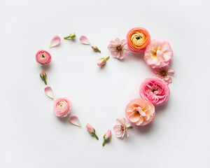 Obraz premium Delicate pink and orange ranunculus and blossom flowers forming a heart shape