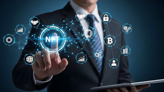 Businessman in a suit interacting with a digital interface displaying various icons and a glowing NFT on his outstretched hand with a tablet in the other against a dark background. - Powered by Adobe
