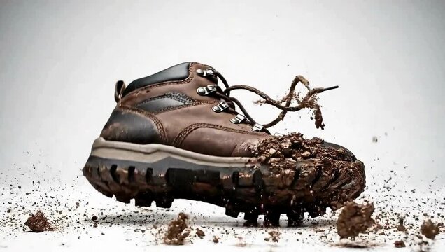 Brown hiking boot mid-air with dirt exploding from the sole
