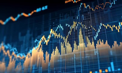 Abstract digital financial chart with rising orange and blue lines and bar graph data representing market growth and economic trends on a dark blue grid background - Powered by Adobe